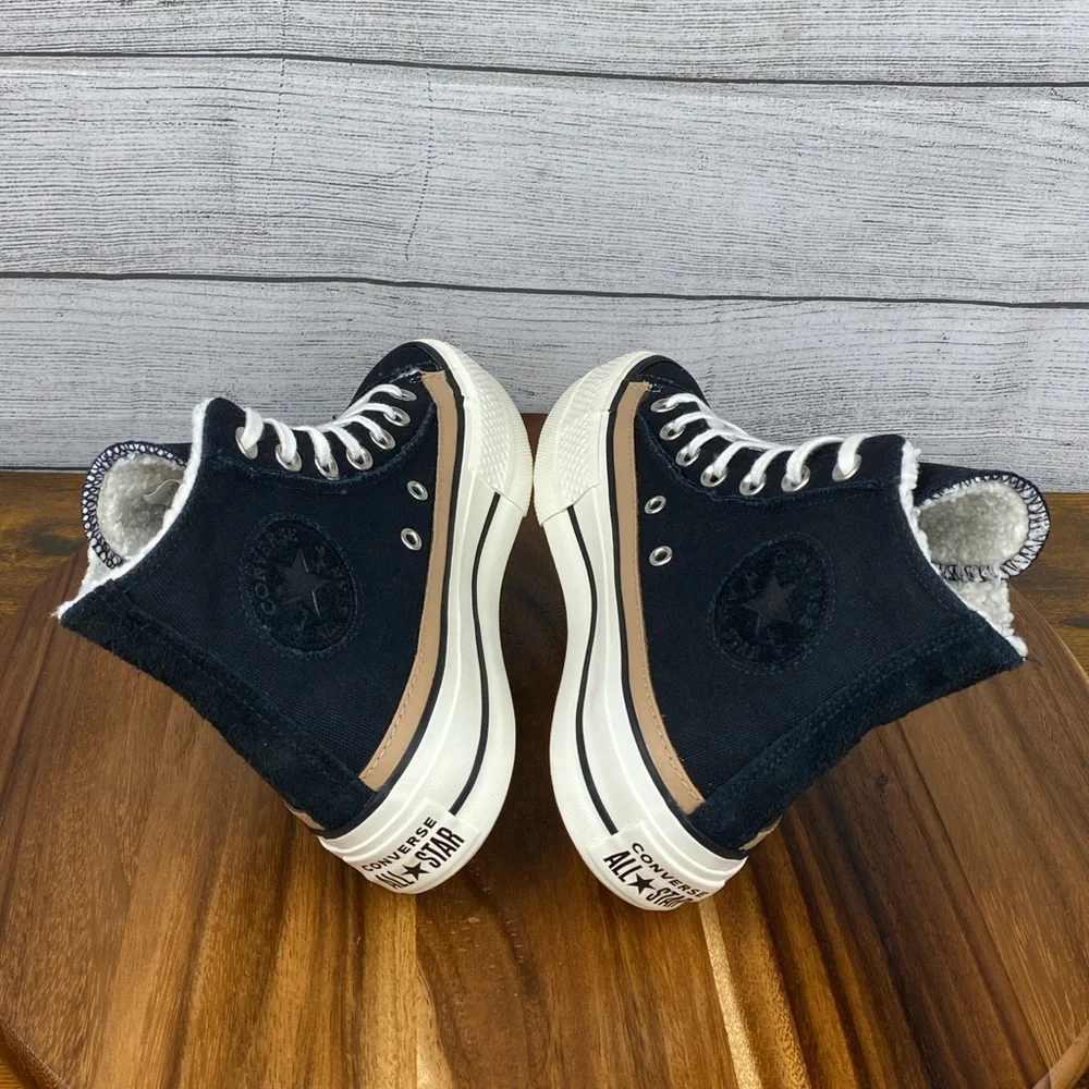 Converse Chuck Taylor All Star Raw Edge Platform High Black Champagne Tan Sz 6.5